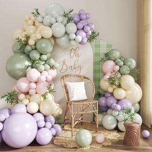 Dusty Green Purple Pastel Pink Balloon Arch Garland Kit 124Pcs Double Stuffed Light Green Sage Green Purple Yellow Macaron Pink Balloons for Wildflower Baby Shower Wedding Birthday Party Decorations