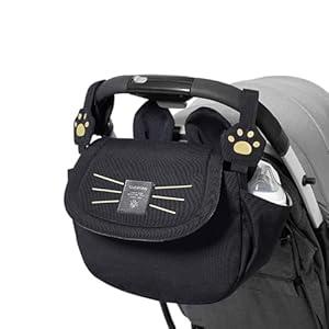 SUNVENO Kitty Stroller Organizer Bag – Universal Baby Stroller Caddy with 2 Cup Holders, Adjustable Straps, Waterproof Oxford, Lightweight Travel Accessory for Strollers, Prams & Pushchairs, Black