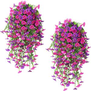 Fanfantoey Artificial Hanging Flowers for Outdoors, 2Pcs UV Resistant Fake Flowers, Realistic Faux Petunias Silk Long Vines Morning Glory Eucalyptus for Outside Planter Porch Patio Home Decor, Mix
