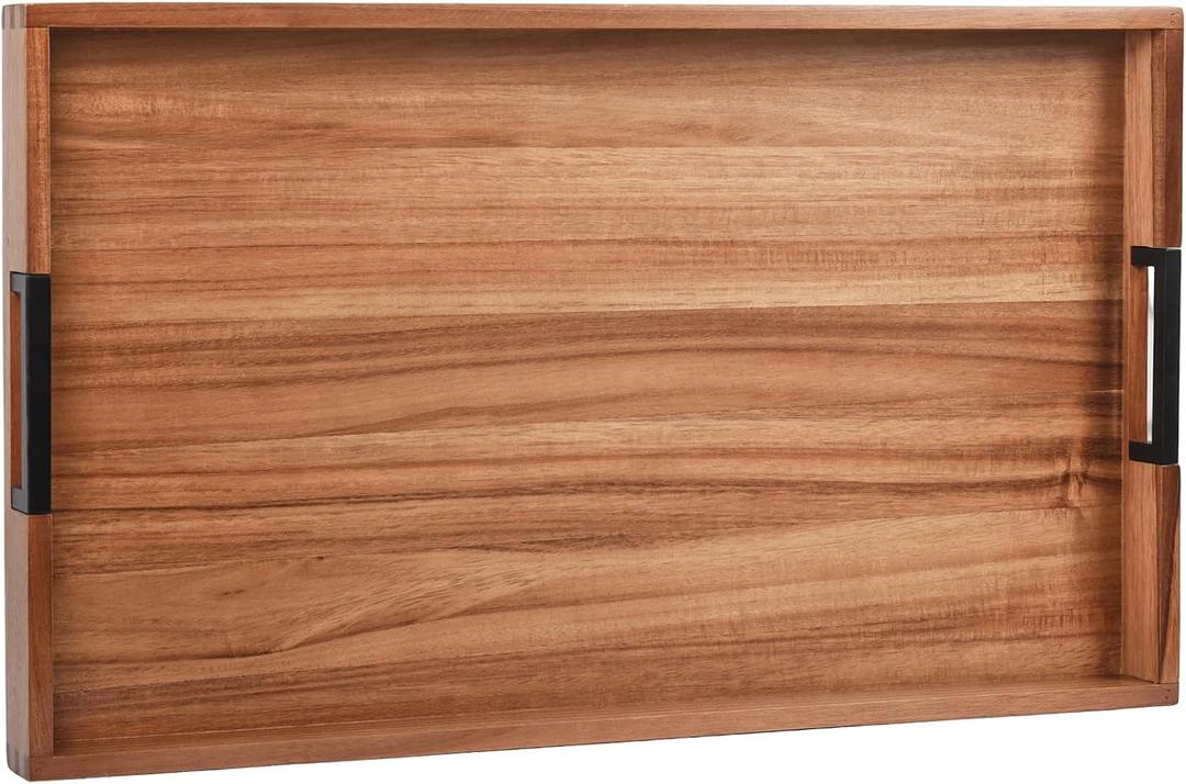 Joy&Grace Large Ottoman Tray for Living Room and Coffee Table, Decorative Acacia Wood Serving Tray with Metal Handles for Breakfast in Bed, Dinner Food Kitchen TV (Natural, 30" x 18" x 2")