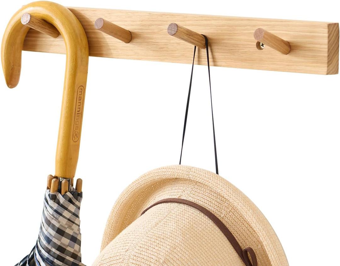 Hickory Wood Coat Rack Wall Mount 16 inches, Wooden Coat Hooks with 4 Hooks Coat Hanger for Hanging Hat Jacket Purse, Wall Hooks for Entryway, Bathroom, Bedroom, Natural