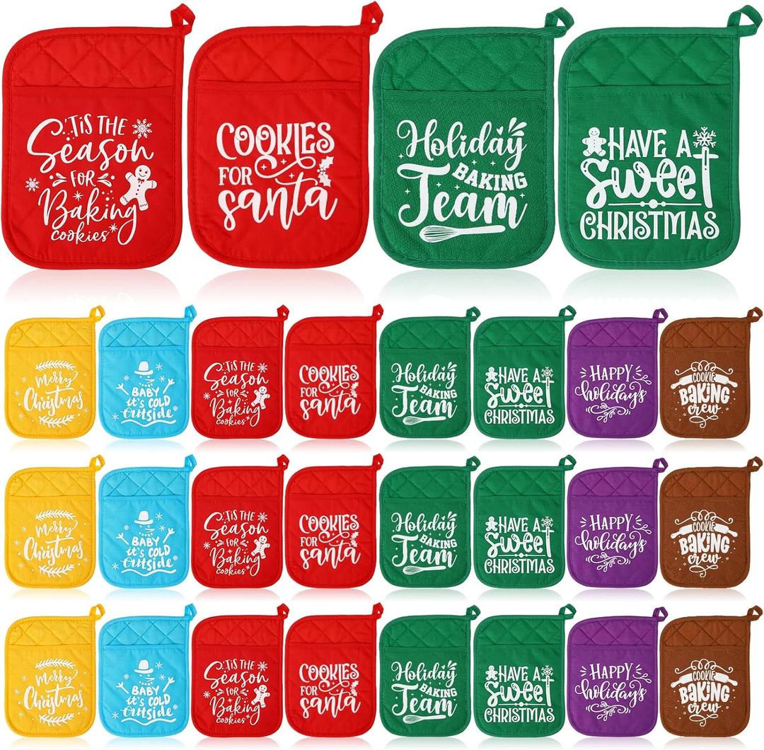 24 Pcs Christmas Pot Holders with Pocket Xmas Potholders Bulk Christmas Oven Mitts Heat Resistant Hot Pad Baking Gift Cookie Bag for Kitchen Baking Cooking (Classic,Vivid)