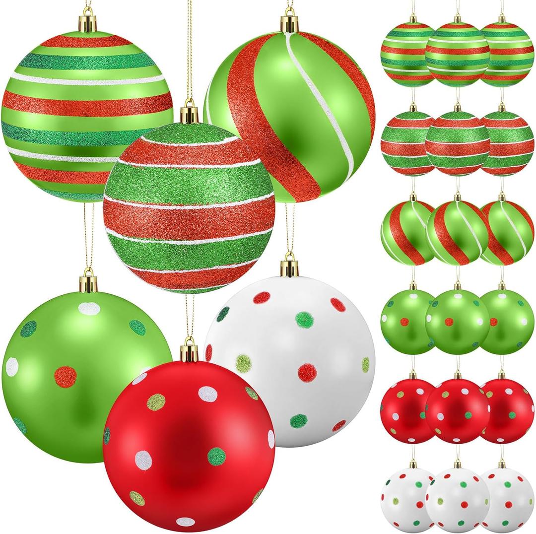 Wettarn 24 Pcs 4 Inch Large Christmas Ball Ornaments Red Green White Ball Ornaments Polka Dots Stripes Tree Decorations Shatterproof Peppermint Candy Cane Xmas Baubles for Tree Home Wreath Party Decor
