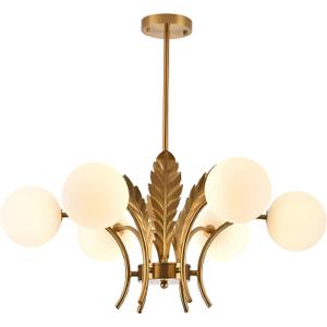 BOKT Mid Century Milk Glass Chandelier Gold G9 Ceiling Chandelier Light Industrial Metal Adjustable Pendant Lighting Farmhouse Large Globe Flush Mount Light Fixture for Dining Room Kitchen Indoor (6 Light-White)