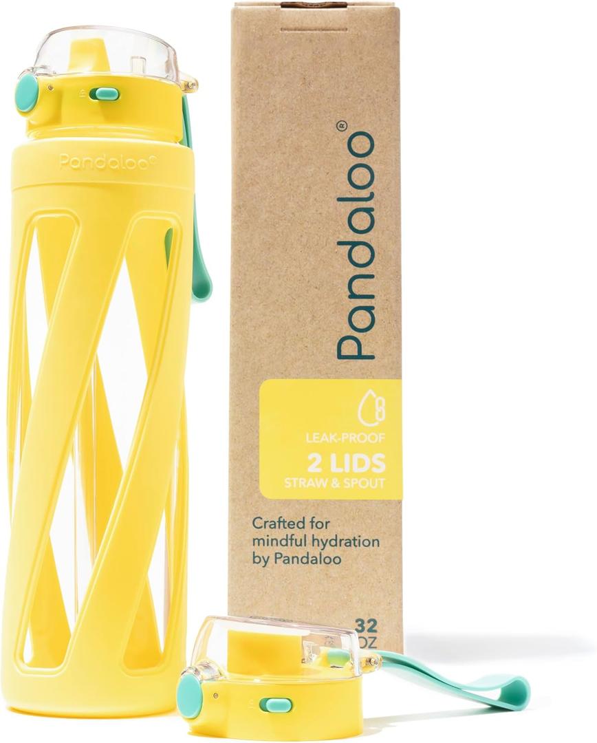 Pandaloo Orbit 32 oz Glass Water Bottle with 2 Leak-Proof Lids (Straw & Spout), Wide Mouth, Borosilicate Glass, BPA-Free, Cup Holder Friendly for Gym, Work, Travel & Daily Hydration Sunbeam Yellow