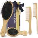 Wet Dry Hair Brush and Comb Set-Natural Bamboo Bristles Boar Detangler Hairbrush for Long Short Thick Thin Curly Straight Wavy, Paddle Brush for Men Women Kids (4 pcs)