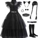 Black Dress for Kids Girls, Addams Family Cosplay Outfit Gothic Costumes for Halloween, Family Party, Birthday (4-5 Years, Black With Wig)