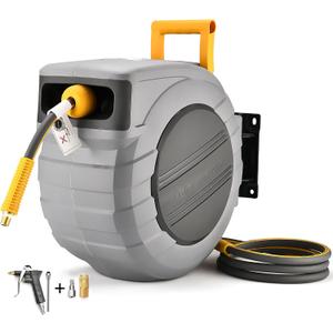 GLAHODEN Air Hose Reel 100 Ft Retractable, 3/8 in x 100 Ft Hybrid Hose Air Compressor Hose Reel with 6 Ft Lead in Max 300 PSI Patented Design for Any Length Lock 180Swivel Bracket Quick Coupler