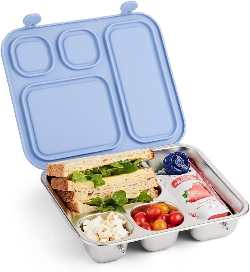Elk and Friends Kids Stainless Steel Bento Box with Silicone Lid | Leak-proof | Toddler Lunch Container | 4 Compartments | Dishwasher Safe (Misty Blue)
