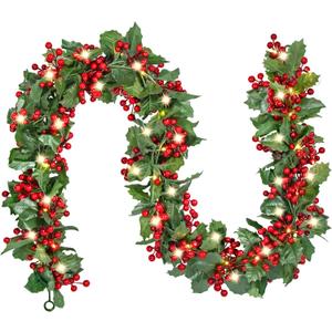Red Berry Christmas Garland with Lights, 5.9FT Artificial Garland Christmas Decorations Battery Operated Christmas Garland for Mantle Winter Holiday Garland New Year Fireplace Stairs Home Table Decor