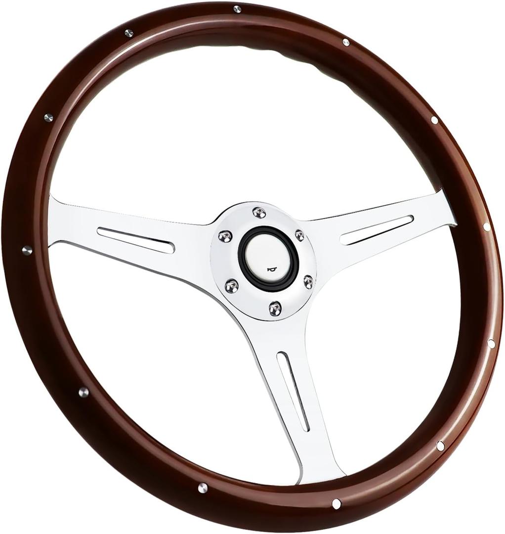 15" 6 Bolt Wood Grain Racing Rivet Steering Wheel Vintage Nostalgia Style Steering Wheel with Horn Buttons