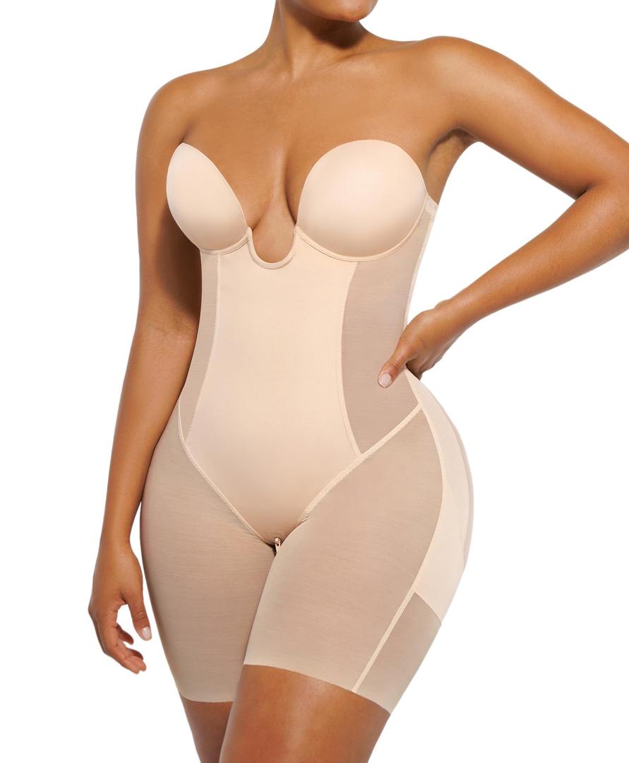 SHAPELLX Strapless Shapewear for Women Tummy Control U Plunge Backless Bodysuit Mid Thigh Full Body Shaper, No Size Mark
