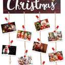 Christmas Card Holder - Merry Christmas Wooden Hanging Picture Display with 30 Photo Clips for Xmas Cards, Home Wall, Door, and Window Decor (Brown)