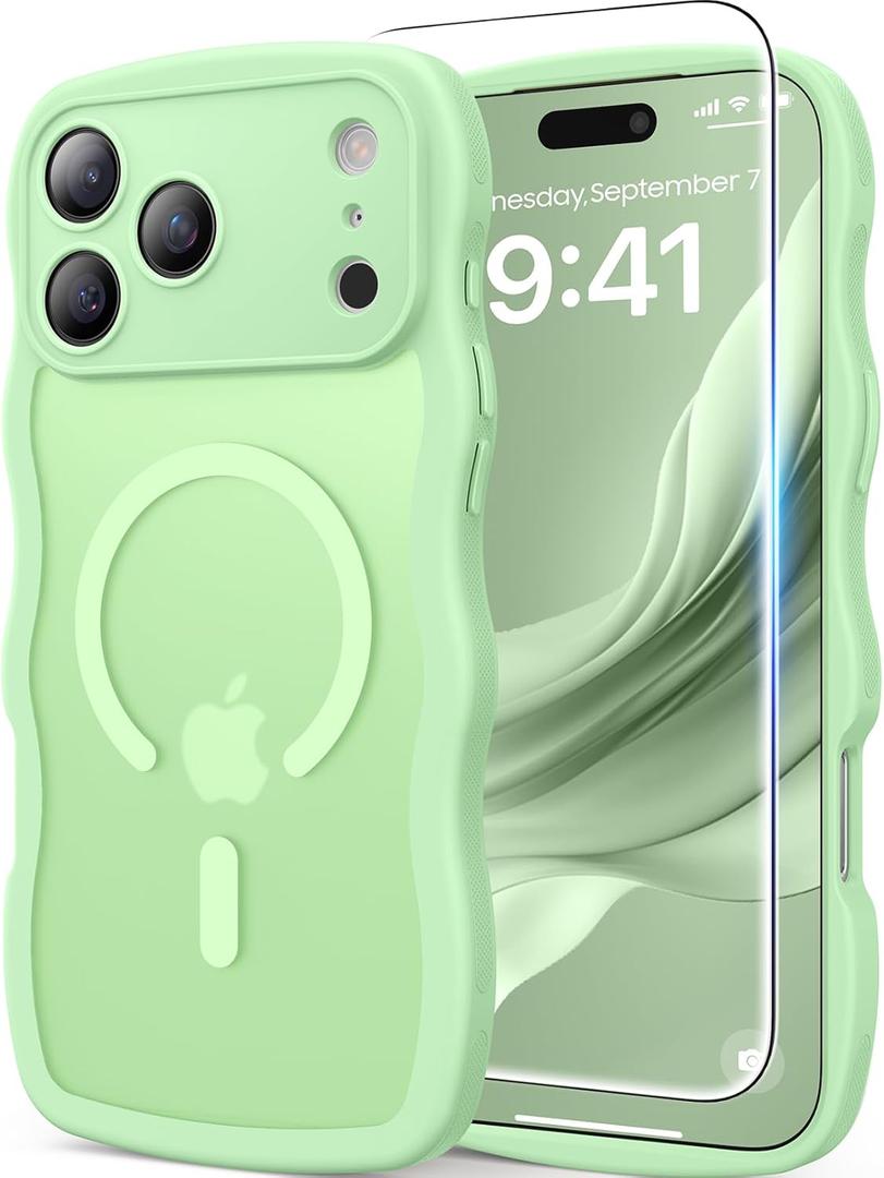 Magnetic for iPhone 17 Pro Case, Cute Wavy [Full Camera Protection][Fit for MagSafe] 1X Screen Protector + 1X Wrist Strap, Trendy Matte Women Girly Phone Case for iPhone 17 Pro 6.3", Matcha Green