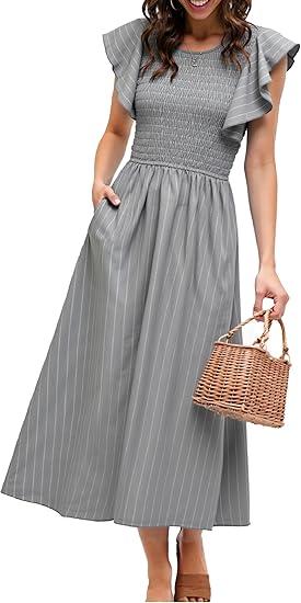 Simplee Womens Striped Midi Summer Dress Smocked Flutter Short Sleeve Dress 2025 Flowy Casual Dress with Pockets (Small, Gray )