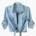 Omoone Women's 3/4 Sleeve Denim Crop Top Tie Knot Shirt Cardigan, M