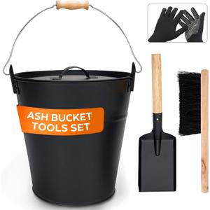 3.5 Gallon Ash Bucket with Lid and Shovel, Metal Fireplace Ash Bucket with Broom, Complete Fireplace Tools Set for Wood Stove and Fireplace