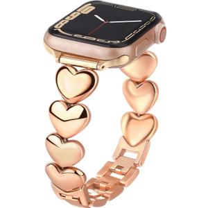 Metal Bracelet Compatible with Apple Watch Band Women 38mm 40mm 41mm 42mm 44mm 45mm 46mm 49mm Rhinestone Dressy Apple Watch Strap for iWatch Band Series 11/10/9/8/7/6/5/4/3/2/1/SE 3/Ultra 3 (Rose Gold Heart)