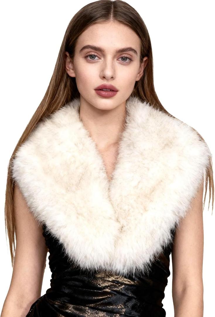 XEPST Faux Fur Shawl for Women, Women's Faux Fur Collar Scarf Wrap Winter Neck Warmer (White With Tips)