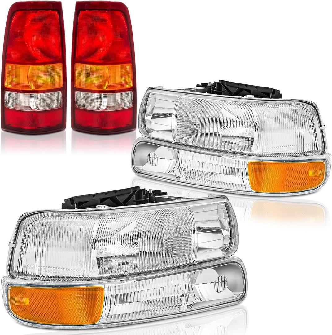 4PCS Headlights and Taillights Assembly Combo for 1999 2000 2001 2002 Chevy Silverado 1500 2500 HD Head/Rear Brake Tail Lights Lamps Replacement Driver and Passenger Side, OE Factory Style