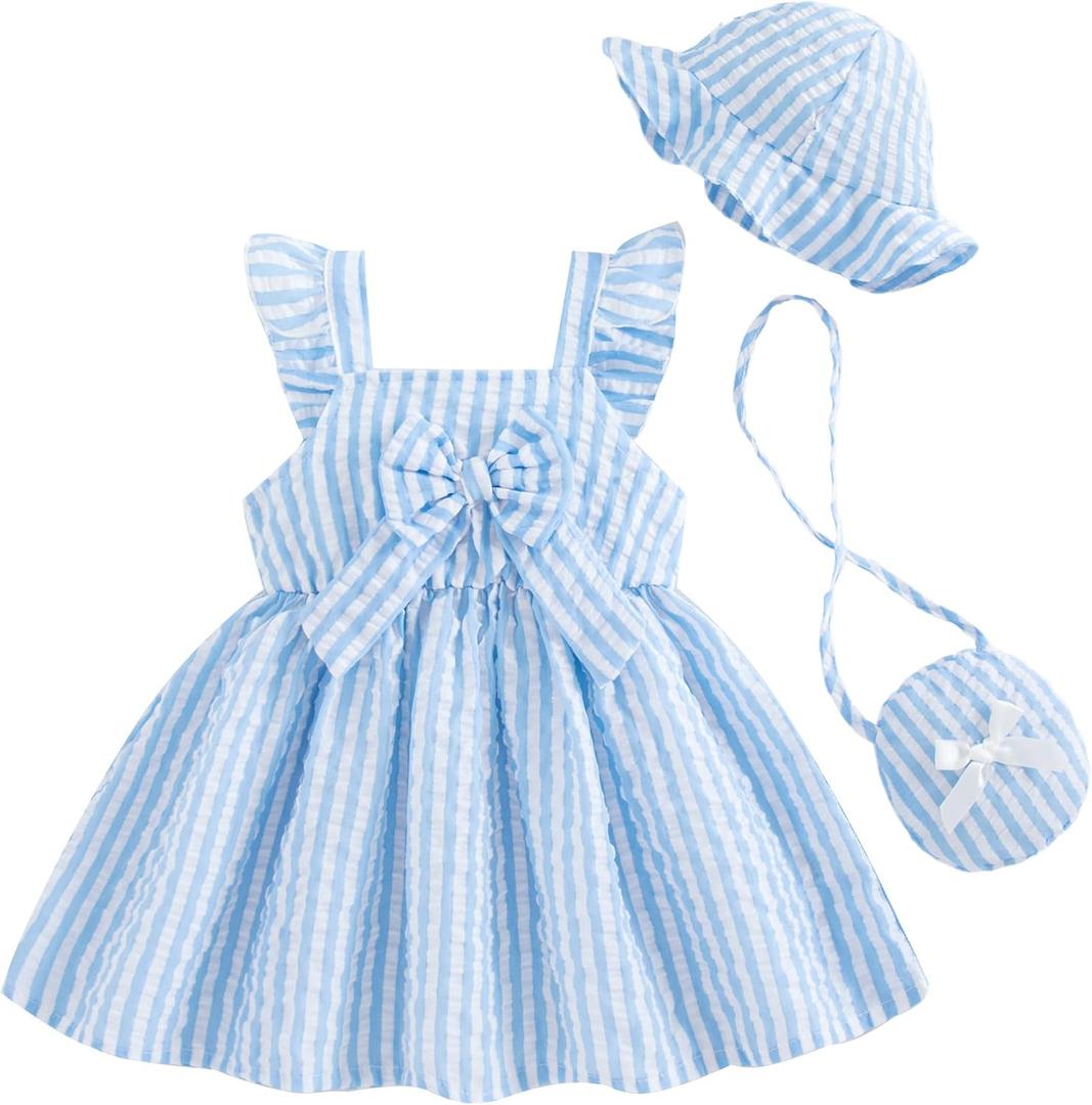 Renotemy Infant Baby Girl Summer Dress Ruffle Flutter Sleeve Bowknot Sundress Gifts Casual Clothes Outfits with Hat and Bag (12-18M)