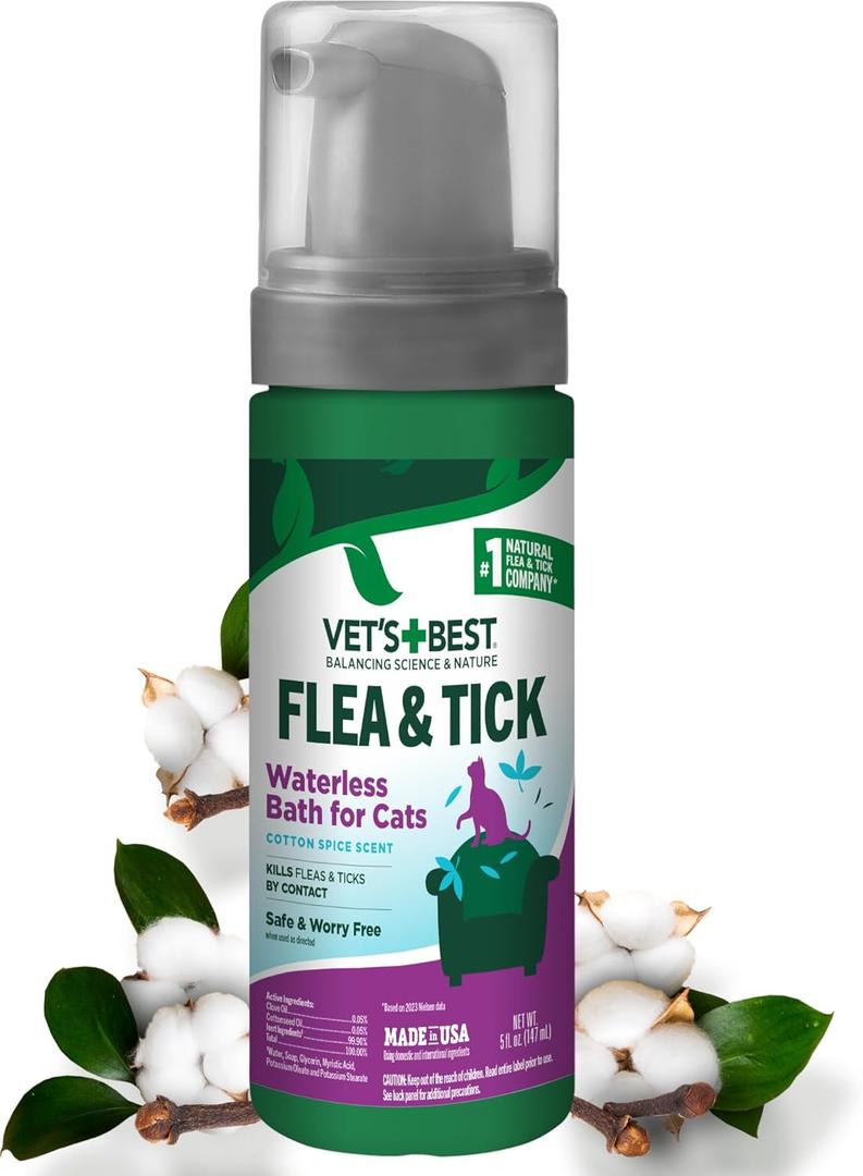 Vet's Best Natural Waterless Flea & Tick Bath for Cats  Natural No-Rinse Dry Shampoo with Plant-Based Ingredients  Flea and Tick Prevention and Control with Certified Essential Oils  5 oz Bottle