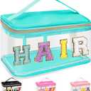 Chenille Letter Clear Makeup Bags Hair Pouch, Preppy Patch Makeup Bag Zipper with Handle, Transparent PVC & Nylon Waterproof Glitter Cosmetic Handbag Travel Toiletry Storage for Women Girl(HAIR-Green)