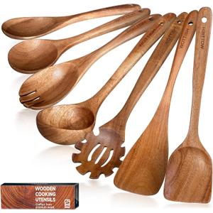 Wooden Utensil Set,WOTTISH 7Pcs Nonstick Wood Spatula,Wooden Kitchen Utensils Set Non Toxic,Wooden Spoons for CookingA07