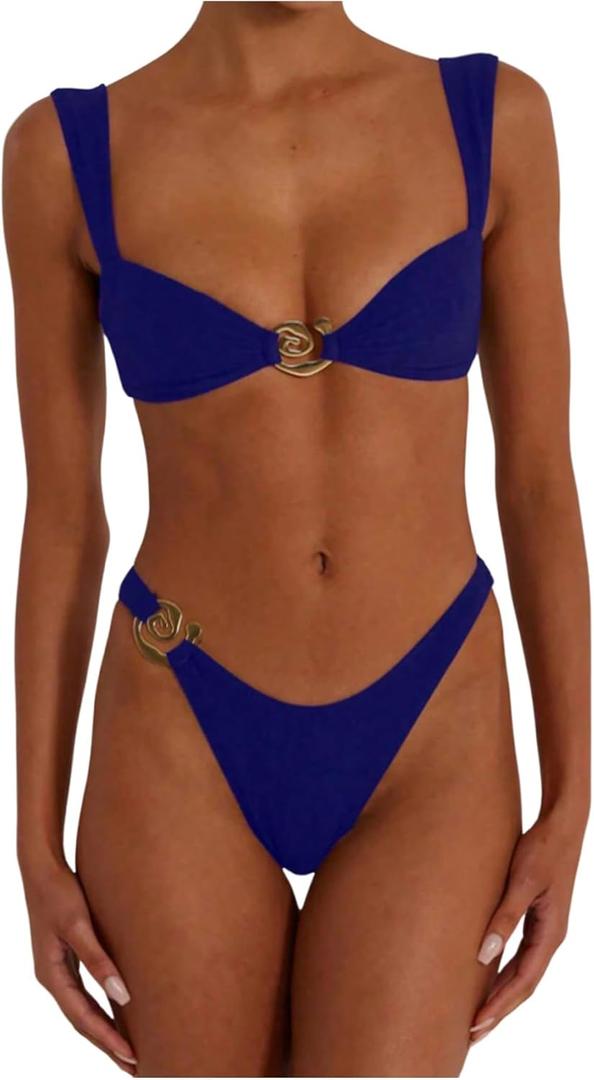SOLY HUX Metal Ring High Cut Bikini Sets for Women Brazilian Cheeky Two Piece Sexy Bikinis Bathing Suit Swimsuits, XS