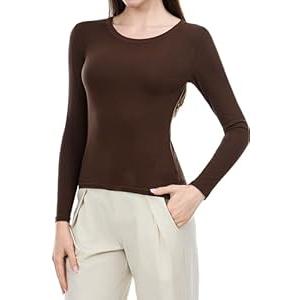 VELNIA Women Long Sleeve Shirts Crew Neck Ribbed Basic Tops Slim Fit Tops Fall Outfits Casual T-Shirt Winter Clothes Brown