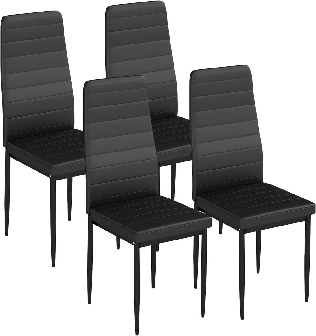 FDW | Dining Chairs | Set of 4 | Black | 4 Upholstered Kitchen Chairs with Faux Leather Cushions | Modern and Space-Saving | Waterproof and Easy to Clean | Easy to Assemble | For Dining Room