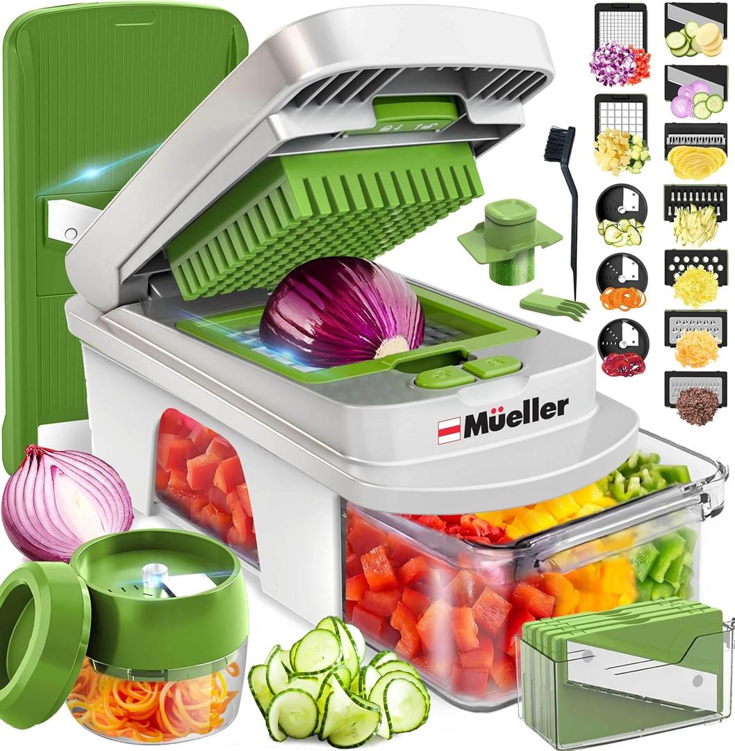 Mueller Pro-Series All-in-One, 12 Blade Mandoline Slicer for Kitchen, Food Chopper, Vegetable Slicer and Spiralizer, Cutter, Dicer, Grater, Kitchen Gadgets Sets with Container, White Sand/Pastel Green