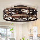 19" Farmhouse Flush Mount Caged Ceiling Fans with Lights, 6 Speeds, Rustic Low Profile Ceiling Fan with Light and Remote, Small Bladeless Ceiling Fans with Lights for Kitchen, Bedroom - ETL