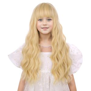 Girls Blonde Wig Child Long Golden Blonde Wig with Bangs Wavy Curly Wigs for Kids Hallween Party Include Wigs Cap