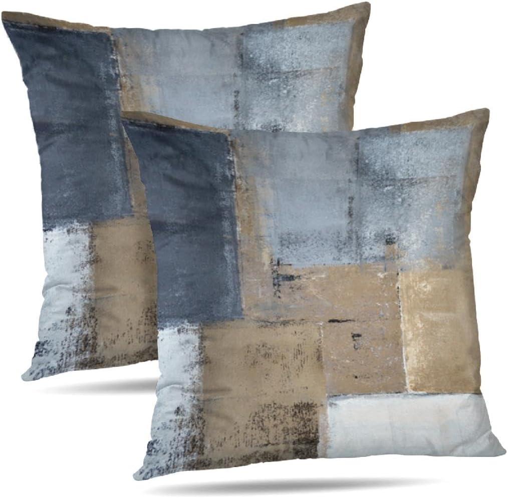 Grey and Brown Throw Pillows Covers Blue Abstract Art Painting Aesthetic Modern Square Decorative Pillow Covers Soft Throw Pillows for Couch Sofa Bedroom 18X18 Inches, Set of 2