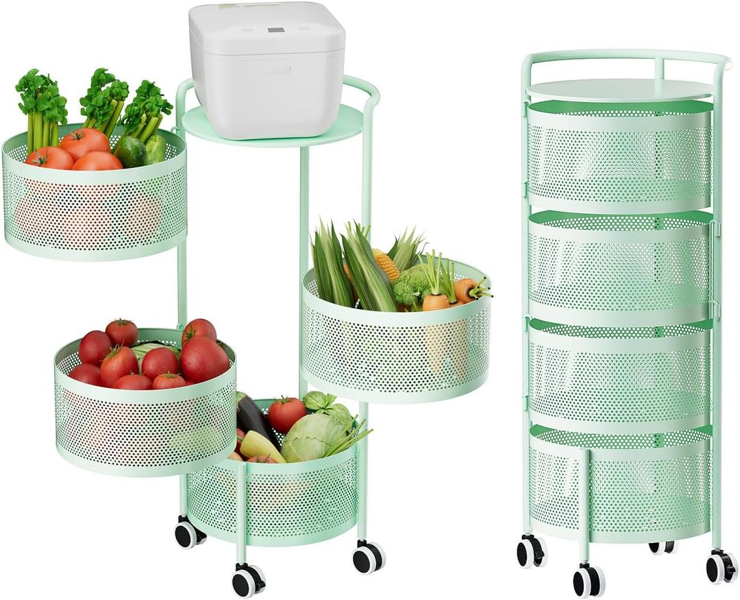 JAQ Kitchen Storage Rack No Assembly, 4-Tier Metal Storage Tower Basket Shelves Organizer on Rolling Wheels with Removal Drawers for Fruit Vegetable Grocery Corns Potato Onion (4-Tier, Green), 13.38 X 13.38 X 29.13 Inches