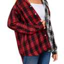 Womens Button Down Shirt Plus Size Blouse Shirts Tartan Plaid Color Block Casual Oversized Boyfriend Hooded Outwear Red (S)