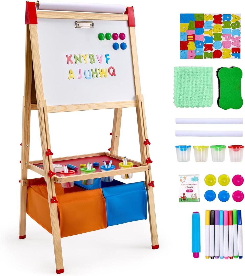 VEVOR Art Easel for Kids, 3-in-1 Wooden Double-Sided Kid's Art Easel with Magnetic Whiteboard, Chalkboard, Paper Roll, Adjustable Standing Drawing Board with Painting Accessories, Storage for Boy Girl