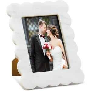 Yalikop Scalloped Marble Picture Frame Display Photos Tabletop Display White Frame Home Picture with Acrylic Transparent Board Decor for Bookshelf Table Home(5 x 7 Inches)