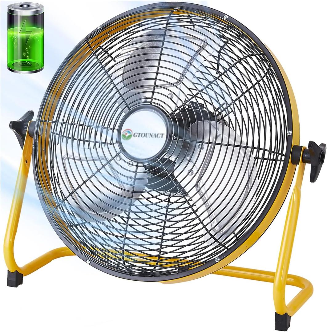 Portable Battery Operated 12 Inch Floor Fan, Rechargeable Cordless High Velocity with Metal Blade Fan for Camping,Outdoor,360 Degree Manual Tilt, Yellow