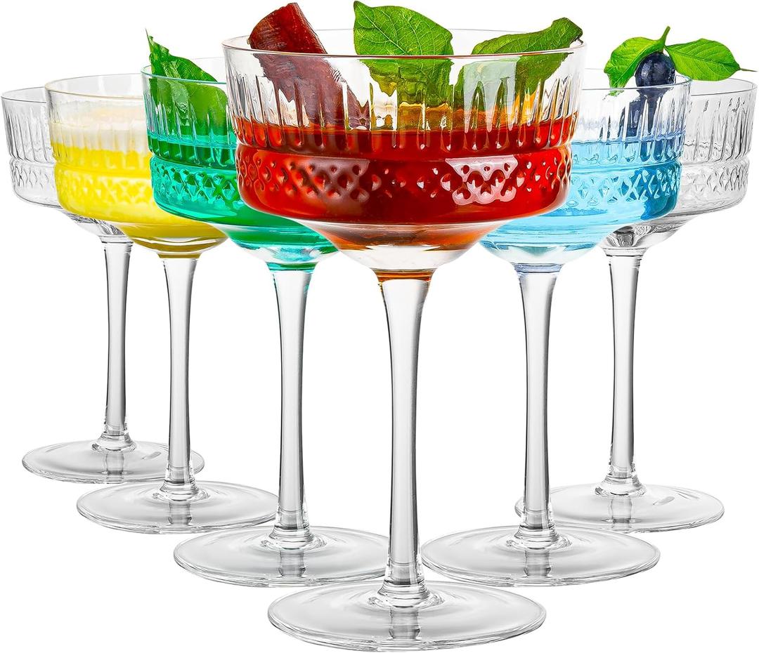 Vintage Art Deco Coupe Glasses Set of 6, 10 oz Martini Glasses, Coupe Cocktail Glasses,Elegant Hand Blown Manhattan Goblet for Bar, Champagne, Martini, Cosmopolitan, Gimlet, Pisco Sour