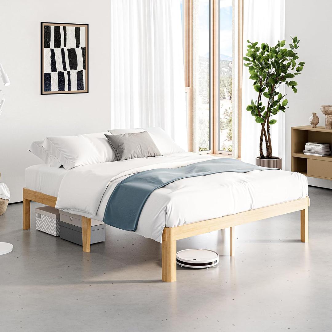 14 Inch High Bamboo Wood Full Size Bed Frame Platform, Metal Slat Support Bed Frame Full Size, No Box Spring Needed, Easy Assembly, Noise Free, Reinforced