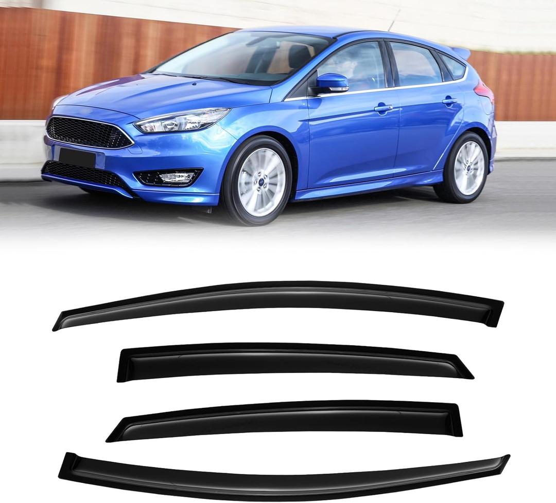 Rain Guards for 2012-2018 Ford Focus Sedan & Hatchback (Not fit rs), Out-Channel Window Visor Shields Vent Deflector Shade Wind Dark Smoke 2013 2014 2015 2016 2017 12 13 14 15 16, Outside-Mount, 4PCS