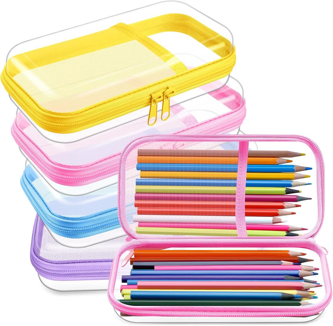 Sanwuta 4 Pcs Clear Hard Sided Zipper Pencil Case Pouches Bulk Plastic Hard Shell Pencil Case Box Organizer with Mesh Pocket Toiletry Pouch Makeup Bag, Back to School Supplies(Macaron)