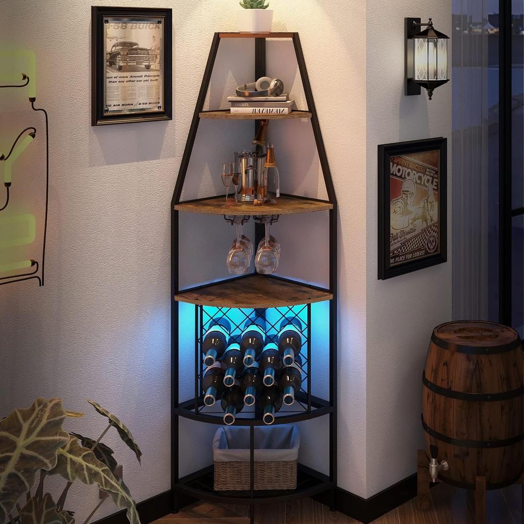 5-Tier Corner Wine Rack with LED Light Floor Standing Wine Rack with Glass Holder and Bottles Wine Storage Home Bar Furniture for Kitchen Living Dining Room (Rustic Brown)
