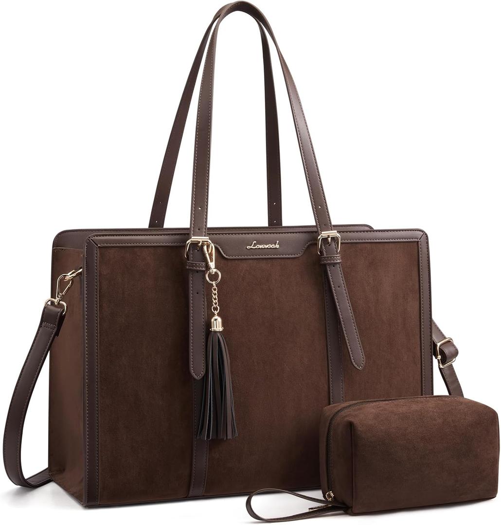 LOVEVOOK Laptop Bag for Women 15.6 inch Lightweight PU Laptop Tote Bag, Large Capacity Computer bag with Clutch Purse for Business, Work, Office, Travel, School,Casual (Nutmeg & Dark Tan)