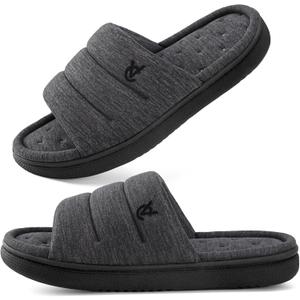 VeraCosy Mens Open-Toe Slippers Memory Foam Indoor Outdoor House Shoes (11-12, Matt Black)