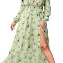 Women's Chiffon Deep V Neck Long Sleeve Maxi Dresses Slit Elastic Waist A Line Flowy Dress, 2XL