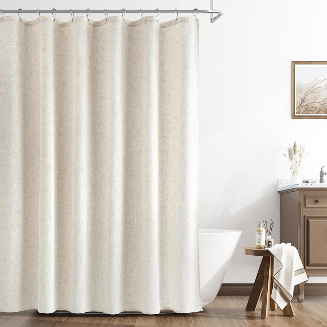 Naturoom Linen Shower Curtain 76 Inch Long Weighted Thick Fabric Bath Shower Curtain Set with Hooks, XLong Tall Country Farmhouse Beige Curtains for Bathroom, 72x76