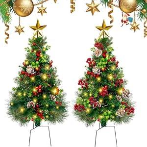 33inch Outdoor Artificial Christmas Tree Lighted Small Pre-Lit Porch Christmas Trees, Outside Pathway Christmas Pine Trees with Red Berries Ornaments for Grave, Xmas, Entrance (2PACK)